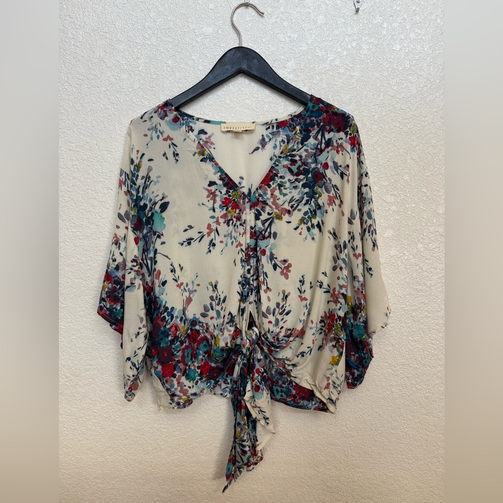 Love Stitch Red and Blue Tie Front 3/4 Sleeve Blouse